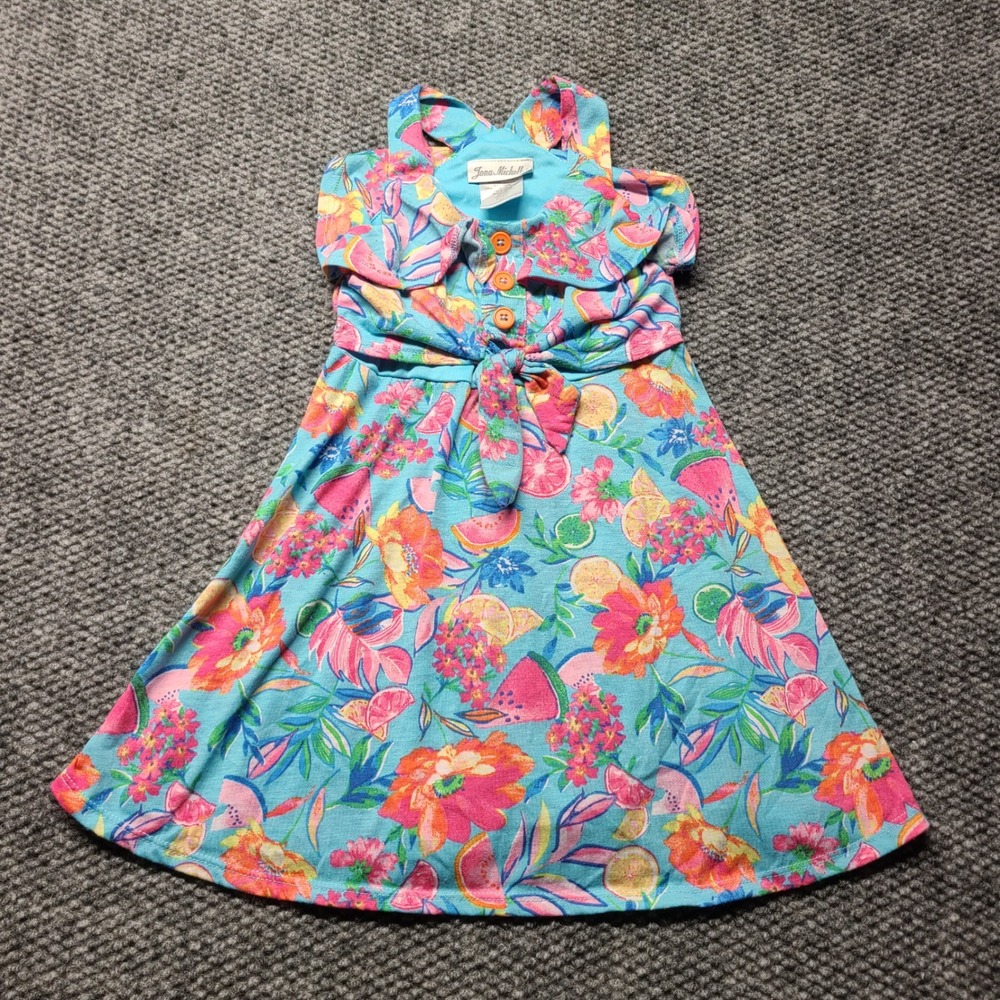 Jona Michelle Girls 4T Blue Tropical Fruit Floral Tie Front Summer Dress CO6400